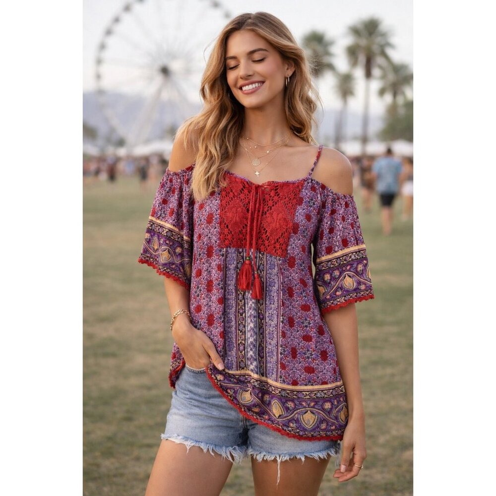 Boho Peasant Top M Floral Off Shoulder Crochet Festival summer beach